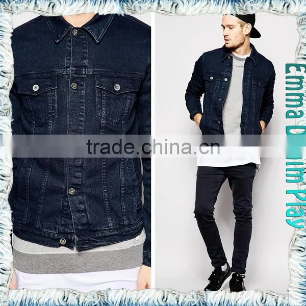 Mens Fashion Autumn Long Sleeve Dark Blue Jean Four Pockets Coat photo-4