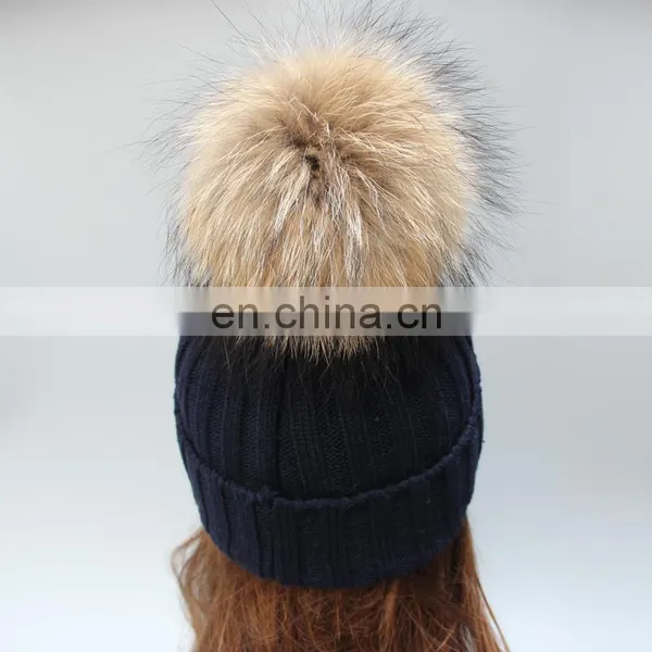 Fluffy Large Fur Pompom Hats Real Raccoon Fur Knitted Hats Wholesale Winter Hats photo-4