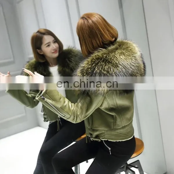 2017 High Quality Large Fluffy Real Raccoon Fur Collar Jacket Coat Lady Winter Sheepskin Genuine Sheep Leather Jacket Women photo-5