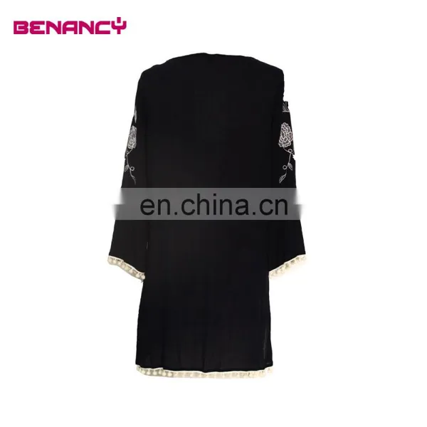 Long Flare Sleeve Contrast Embroidery Ladies Tunic Blouse With Ponpon photo-3