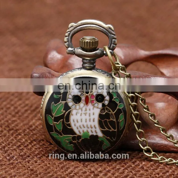 Antique Bronze Owl Pattern Enamel Round Pocket Watches photo-3
