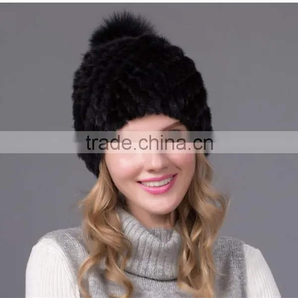 Winter Rabbit Fur Pompom Hat Brown Women Mink Fur Hat Knitted Mink Hat photo-5