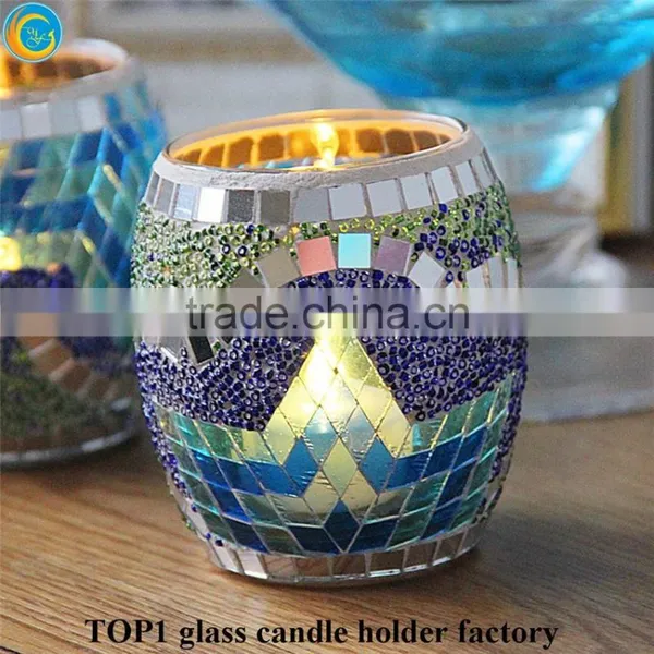Silver Blue Mosaic Glass Hurricane Candle Holder photo-2