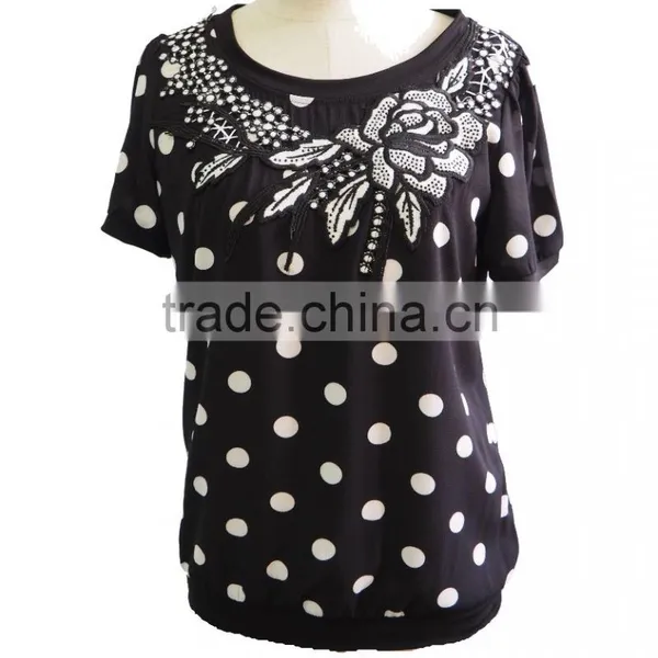 Polka Dots Chiffon Round Neck With Flower Lace Short Sleeve Ladies Blouse