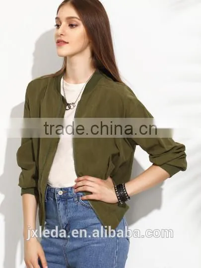 Olive Green Drop Shoulder Ladies Bomber Jacket With Zip Pocket photo-2