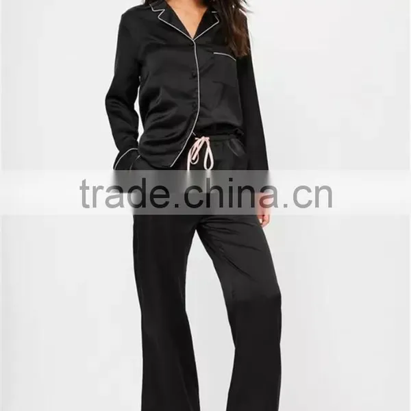 MGOO Custom Embroidery Logo Black Long Sleeves Long Pants Pyjamas Sets Piped Satin Silk Nightwear Sets photo-3