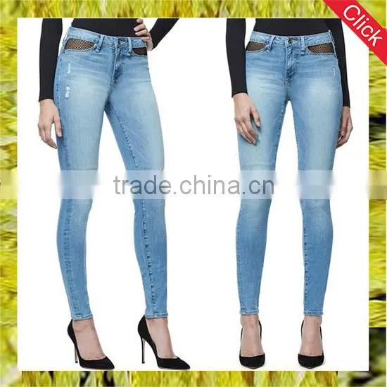Hot Sell High Rise Fishnet Detail Trousers Jeans for Curvy Women Ripped Skinny Slim Denim Jeans