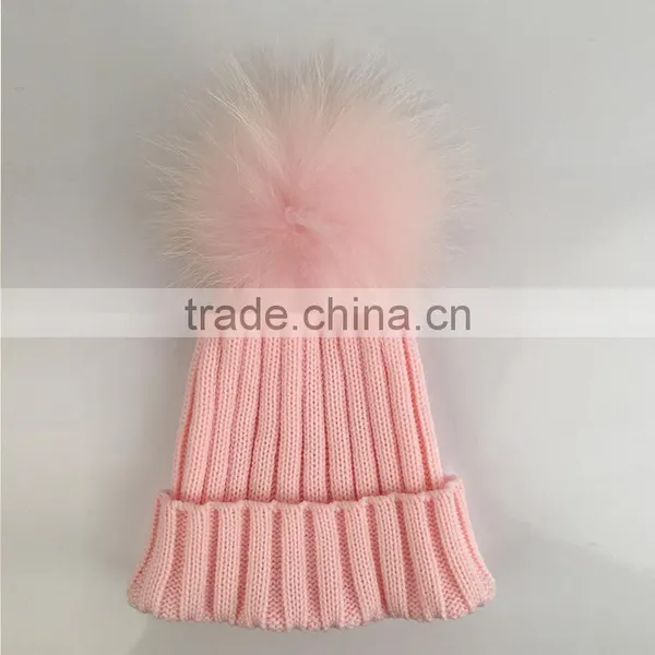 Myfur Baby Pink Removable Real Dyed Raccoon Fur Pom Poms Crochet Hat photo-3