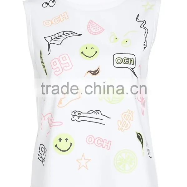 Women's Cartoon Screen Printing Cute Sleeveless O-neck 100% Cotton Loose Tank Tops photo-2