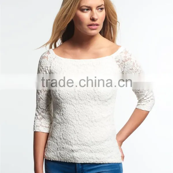 2016 Guangzhou Shandao Hot Selling New Arrivals Summer Casual Fat Women 3/4 Sleeve White Boat Neck Slim Lace Plus Size Top photo-3