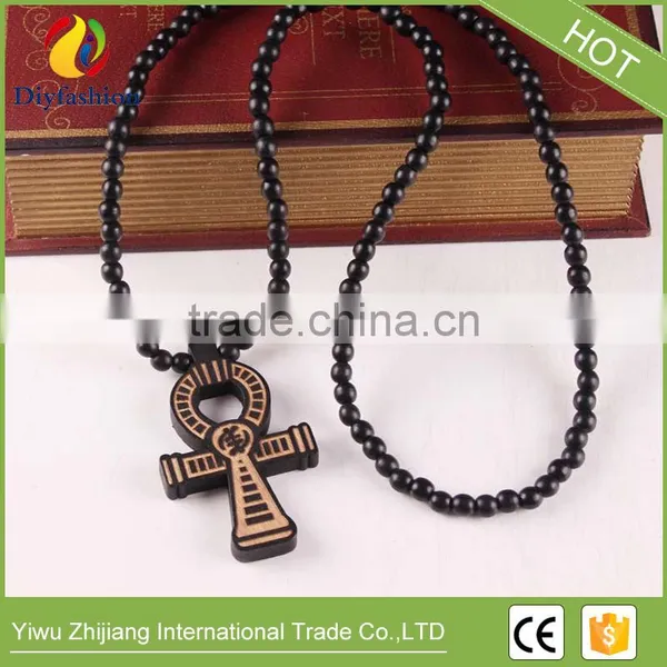 Wooden Hip Hop Cross Pendant With Rosary Beads Chain Men's Jewelry photo-4