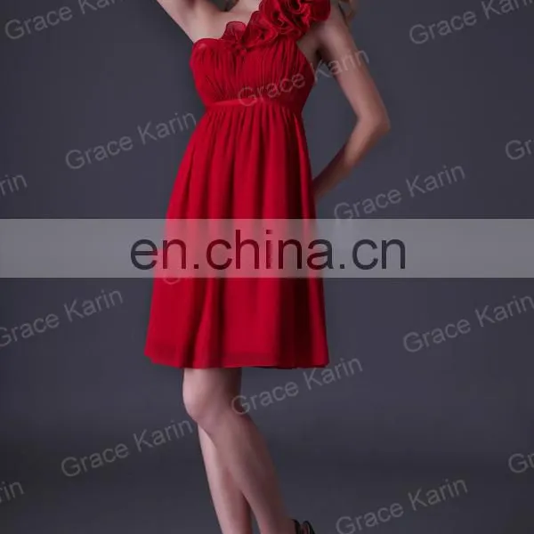2015 Grace Karin Chiffon One Shoulder Short Red Bridesmaid Dress CL3476 photo-2