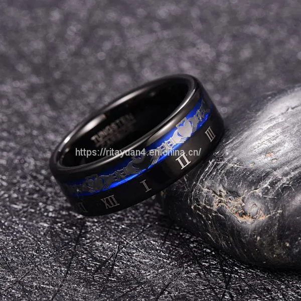 2019 NUNCAD 8mm Wide Tungsten Steel Men's Ring Plating Black Claddagh Pattern Engraved Roman Numeral Tungsten Carbide Ring T228R photo-4