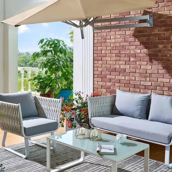 Wall-Mounted Crank Patio Umbrella – 8ft 210T UV Fabric, 8K Aluminum – Space-Saving OEM