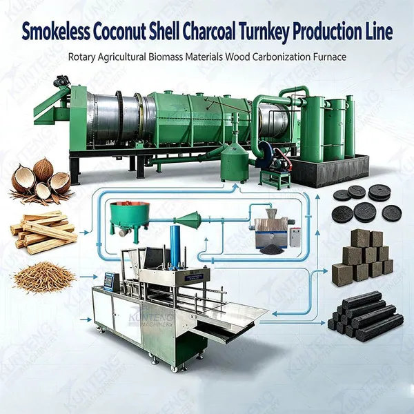 Smokeless Coconut Shell Charcoal Turnkey Production Line Rotary Agricultural Biomass Materials Wood Carbonization Furnace EPC