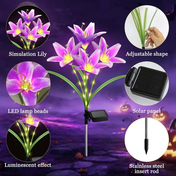 4 Pack Solar Lily Path Lights, IP65 Waterproof, Constant-On, 8-12H Runtime | Each Stake Has 4 Lily Flowers photo-2