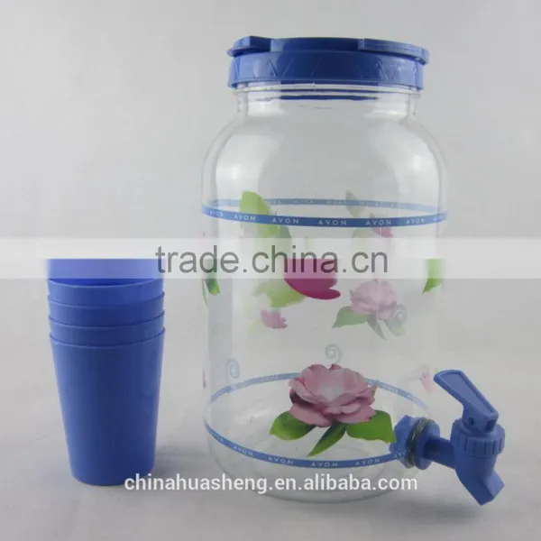 Plastic Water Bottle With 4 Pcs Cups BPA FREE Beverage Dispenser PET Juice Jar Custom Logo Custom Size