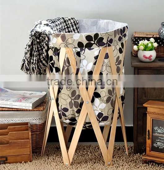 High Quality Round Home Foldable Laundry Storage Basket With Wood photo-3