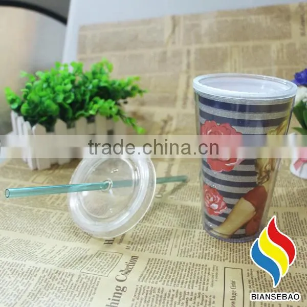 Promotional Plastic Cup , Cheap 450ml PS Travel Cup With Straw photo-2