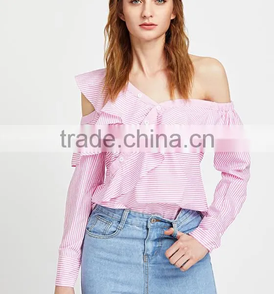 2017 New Blouse Neck Designs Pink Stripe Women Shirt LC8294 photo-5