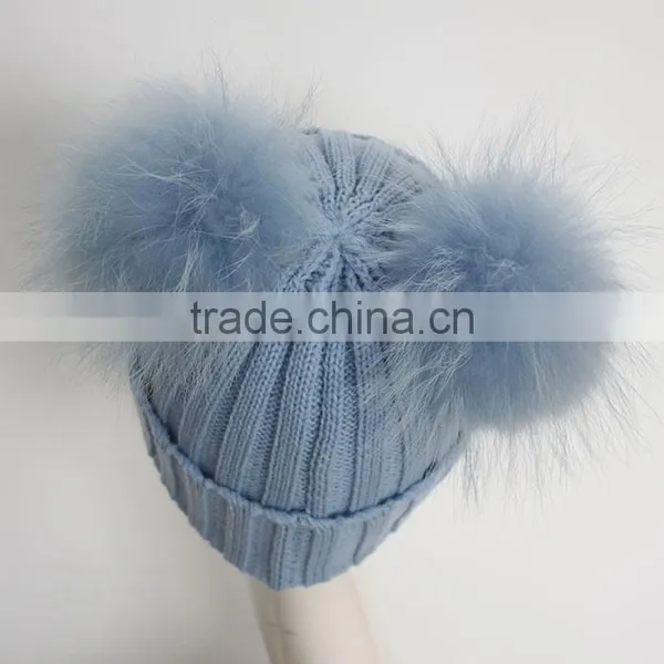 Myfur Baby Blue Wool Crochet Knitted Hats With Double Removable Raccoon Fur Balls photo-3