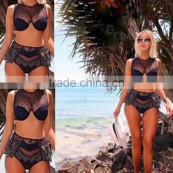 M738 D.Y Fashion 2016 Ladies Women Black Lace Split Bikini Swimwear Beachwear photo-2