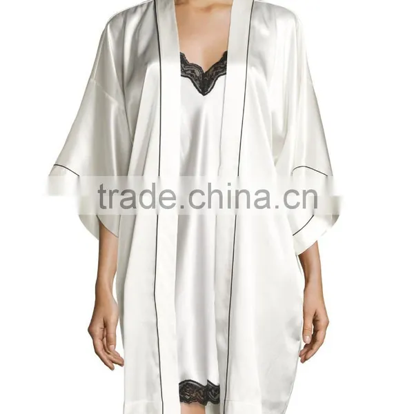 Contrast-Trimmed Silk Kimono Robes Night Gown Satin Bathrobe photo-3