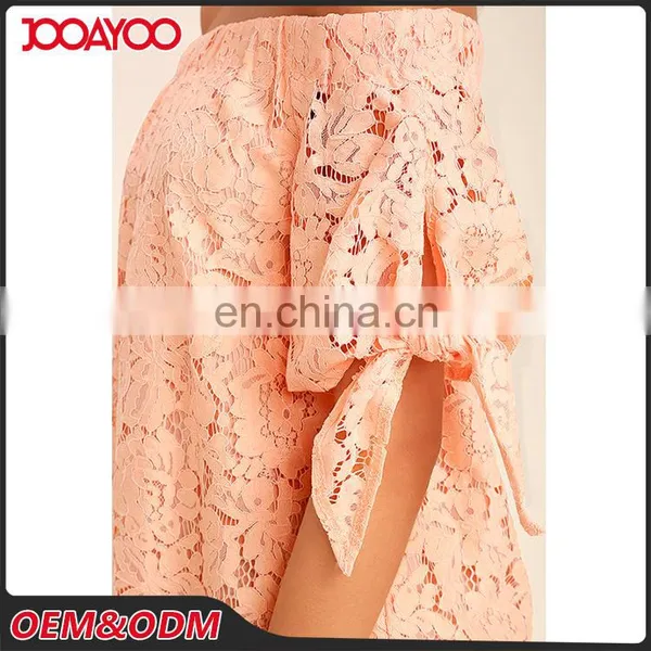 Women New Top Design Lovely Short Sleeve Off-the-Shoulder Peach Lace Top photo-4