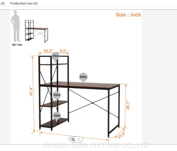 Wooden Metal Frame Computer Desk With Bookcase Furniture for Office and Home photo-2
