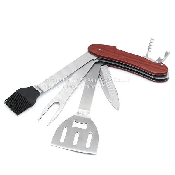 Multifunction BBQ Tools -Knife,Spatula,Silicone Basting Brush,Fork,Jar Opener and Wine Cork Screw photo-3