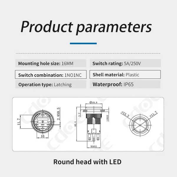 Ip67 16mm Flat and Ring Illumination Head 12v Plastic 1no1nc Security Push Button Switch Momentary photo-3