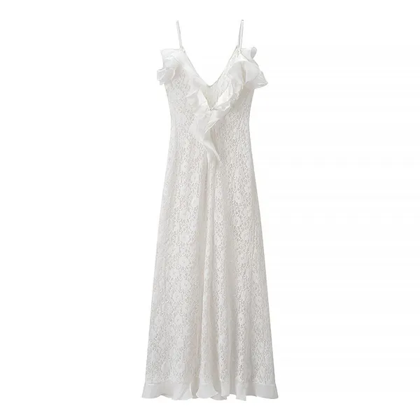 2025 New Fashionable Elegant Women's V-Neck Backless Wave Pleated Ruffle Dress photo-3