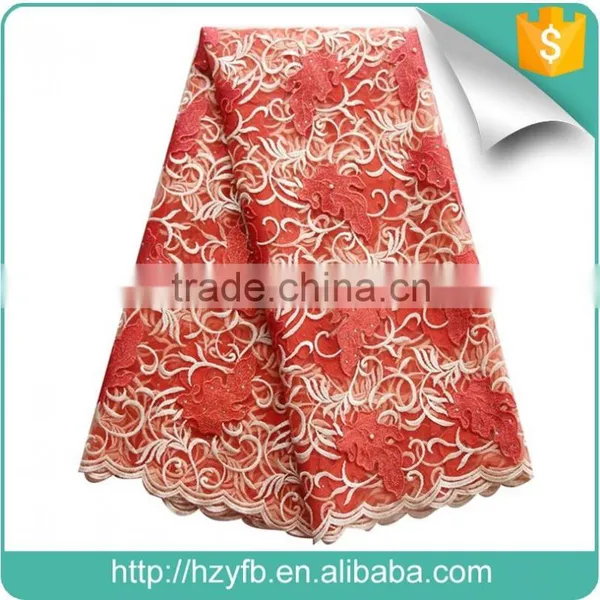 2016 New Products Red Orange French Net Lace Fabric Italian Bridal Lace Fabric Wholesale With Stones Fabric Lace for Wedding