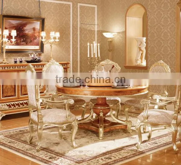 Luxury Vitoria Style Gold Leaf Dining Room Furniture, Baroque Palace Style Marquetry Round Dinning Table With Chairs photo-3