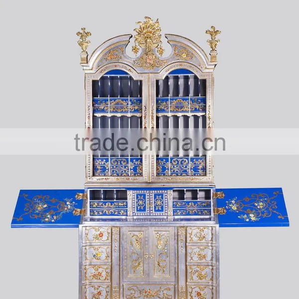 Gold Gilding Wooden Curio Cabinets With Flowers Paint Motif, Antique Silver Finish Secretary Cabinet With Drop Front Desk photo-2
