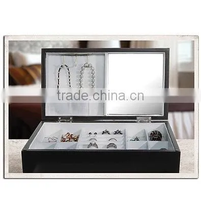 Black Leather Jewelry Box Watch Organizer Storage Case With Elegant Mirror photo-3