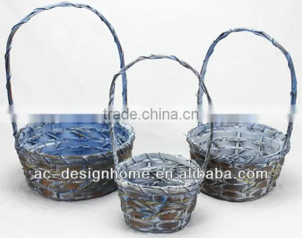 S/3 BROWN WASH ROUND BAMBOO CHIP BASKET W/HANDLE
