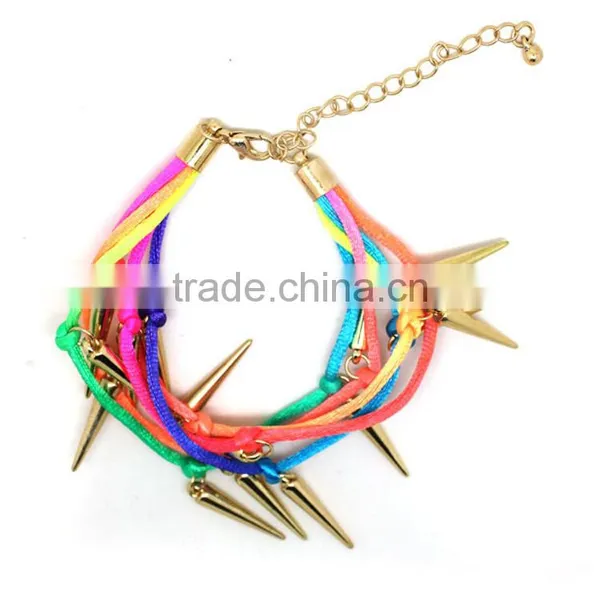 Multi Layered Silver Rivet Charms Neon Silk Cord Bracelet Europe Handmade Punk Style Bracelet photo-4