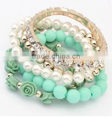 2016 Trendy Fashion Candy Color Pearl Rose Flower Multilayer Charm Bracelet & Bangle For Women Fashion Jewelry photo-6