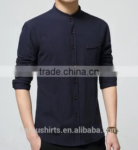 Latest Summer Shirt Cotton Linen Chinese Mandarin Collar Mens Shirts photo-2