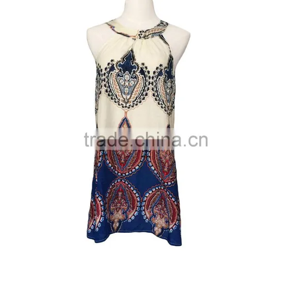 Wholesale Boho Design/Summer Loose Printed Halter Style Sleeveless Hippie Women Chiffon Dress Mini Dress Plus Size photo-3