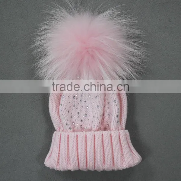 Myfur Latest Design Beige Color Turn Up Beanie With Stone Decoration Real Raccoon Fur Pom Pom photo-2