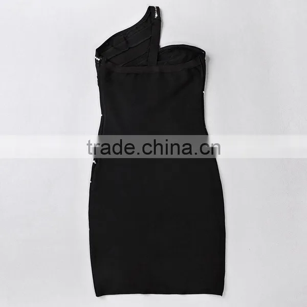 New Designer One Piece Sexy Flash Stripes Black One-shoulder Party Dress photo-5