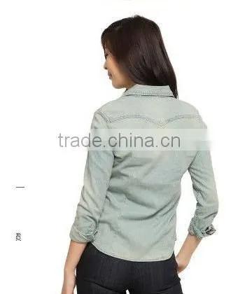 2016 Fashion Slim Fit Long Sleeves Washed Denim Shirt for Girls With Two Pockets on the Chest photo-2
