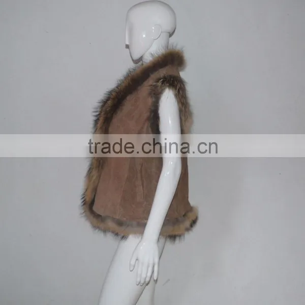 SJ185-01 UK Design Tongxiang Fur Big Raccoon Collar Suede Vests photo-3
