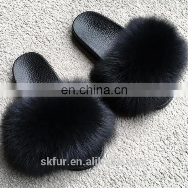 Women's Customized Size and Color Soft Real Fox Fur Slides Slippers photo-5
