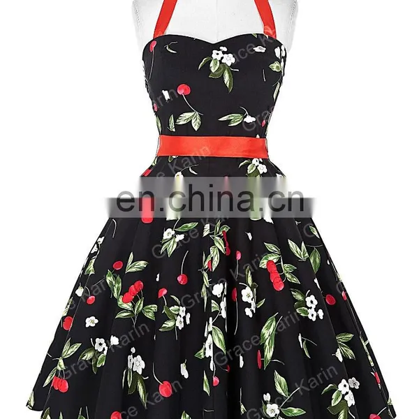 Grace Karin Ladies Halter Plus Size Sleeveless Cherry Printed Vintage Pin Up Vintage Retro Dress CL4595-1# photo-3
