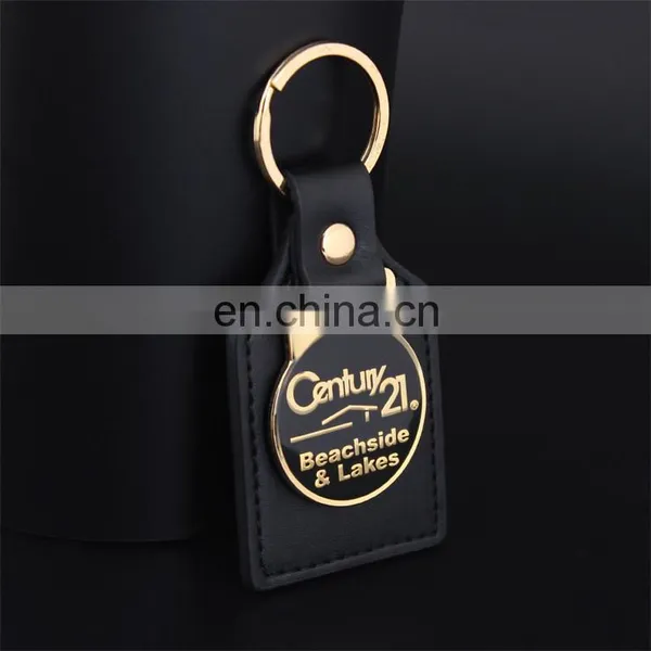 Custom Logo Gold Metal Keychain Black Leather Keychain photo-4