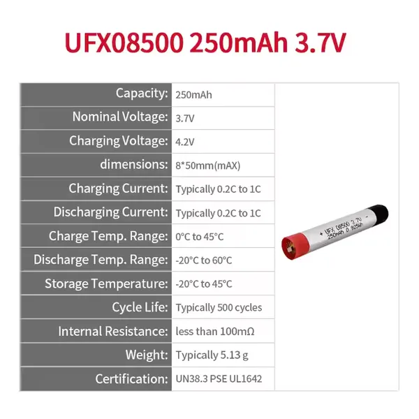 08500 High-Efficiency Cylindrical Lithium Ion Battery 250mAh 3.7V Powerhouse for Portable Gadgets Made in China photo-2