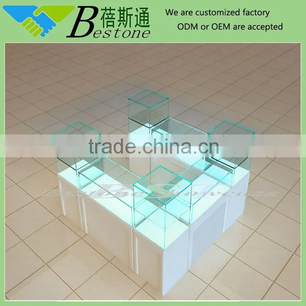 White MDF base jewelry mall kiosk, 2m x 2m jewelry kiosk